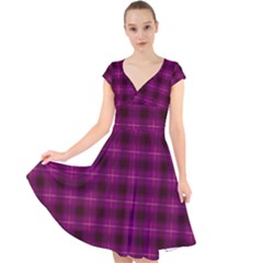 Dark Purple, Violet Tartan, Buffalo Plaid Like Pattern Cap Sleeve Front Wrap Midi Dress