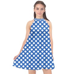 Pastel Blue, White Polka Dots Pattern, Retro, Classic Dotted Theme Halter Neckline Chiffon Dress 