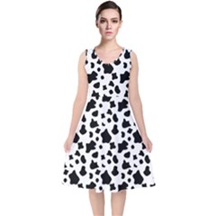 Black And White Cow Spots Pattern, Animal Fur Print, Vector V-neck Midi Sleeveless Dress  by Casemiro