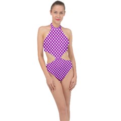 White And Purple, Polka Dots, Retro, Vintage Dotted Pattern Halter Side Cut Swimsuit by Casemiro