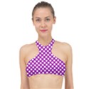 White and purple, polka dots, retro, vintage dotted pattern High Neck Bikini Top View1