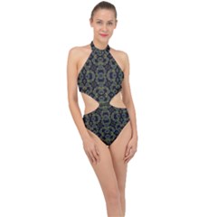 Modern Ornate Stylized Motif Print Halter Side Cut Swimsuit