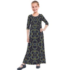 Modern Ornate Stylized Motif Print Kids  Quarter Sleeve Maxi Dress by dflcprintsclothing