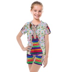 Tan Swimmer Flowerwall Kids  Mesh Tee And Shorts Set