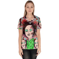 Headphones Girl W Cherries Women s V-neck Scrub Top