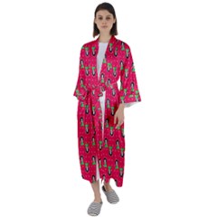 Headphones Girl Pink Red Maxi Satin Kimono