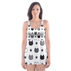 kitten head paw footprint seamless pattern 1 Skater Dress Swimsuit