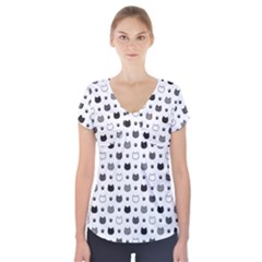 kitten head paw footprint seamless pattern 1 Short Sleeve Front Detail Top