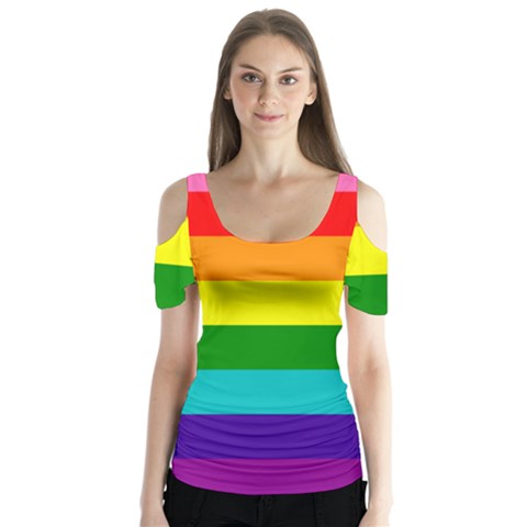 Original 8 Stripes Lgbt Pride Rainbow Flag Butterfly Sleeve Cutout Tee  by yoursparklingshop