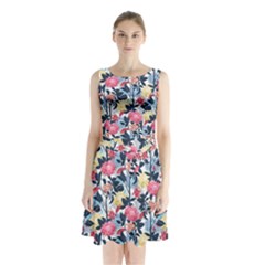 Beautiful floral pattern Sleeveless Waist Tie Chiffon Dress