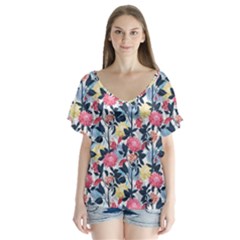 Beautiful floral pattern V-Neck Flutter Sleeve Top