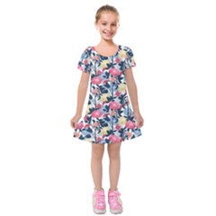 Beautiful Floral Pattern Kids  Short Sleeve Velvet Dress