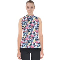 Beautiful Floral Pattern Mock Neck Shell Top