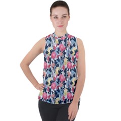 Beautiful floral pattern Mock Neck Chiffon Sleeveless Top