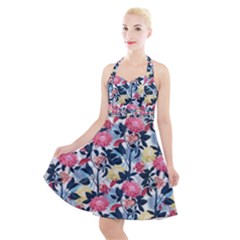 Beautiful floral pattern Halter Party Swing Dress 