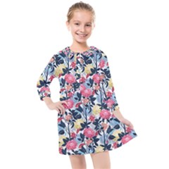 Beautiful Floral Pattern Kids  Quarter Sleeve Shirt Dress by TastefulDesigns