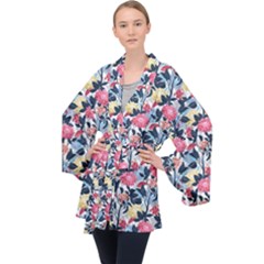 Beautiful floral pattern Long Sleeve Velvet Kimono 