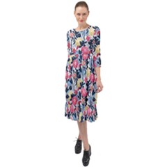 Beautiful Floral Pattern Ruffle End Midi Chiffon Dress