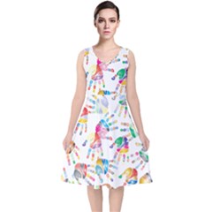 Colorful Palms, Hand Print Pattern, Rainbow Colors Palette V-neck Midi Sleeveless Dress  by Casemiro