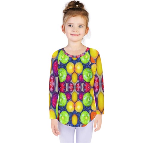 Fruits And Vegetables Pattern Kids  Long Sleeve Tee by dflcprintsclothing