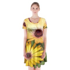 Yellow Flowers Short Sleeve V-neck Flare Dress