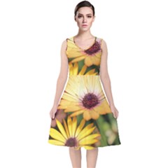 Yellow Flowers V-Neck Midi Sleeveless Dress 