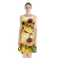 Yellow Flowers Sleeveless Waist Tie Chiffon Dress