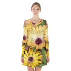 Yellow Flowers Long Sleeve Velvet V-neck Dress
