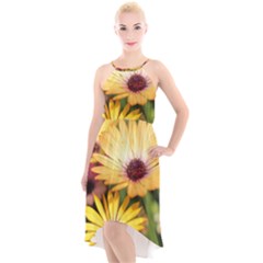 Yellow Flowers High-Low Halter Chiffon Dress 