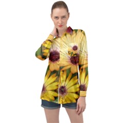 Yellow Flowers Long Sleeve Satin Shirt