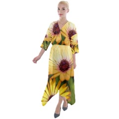 Yellow Flowers Quarter Sleeve Wrap Front Maxi Dress