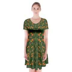 Sakura Tulips Giving Fruit In The Festive Temple Forest Short Sleeve V-neck Flare Dress by pepitasart