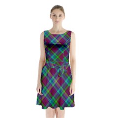 Purple, Green Tartan, Retro Buffalo Plaid Pattern, Classic Tiled Theme Sleeveless Waist Tie Chiffon Dress by Casemiro