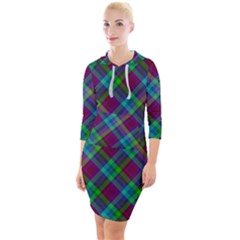 Purple, Green Tartan, Retro Buffalo Plaid Pattern, Classic Tiled Theme Quarter Sleeve Hood Bodycon Dress by Casemiro