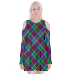 Purple, Green Tartan, Retro Buffalo Plaid Pattern, Classic Tiled Theme Velvet Long Sleeve Shoulder Cutout Dress by Casemiro