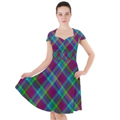 Purple, Green Tartan, Retro Buffalo Plaid Pattern, Classic Tiled Theme Cap Sleeve Midi Dress by Casemiro