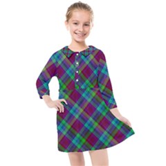 Purple, Green Tartan, Retro Buffalo Plaid Pattern, Classic Tiled Theme Kids  Quarter Sleeve Shirt Dress by Casemiro