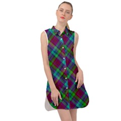 Purple, Green Tartan, Retro Buffalo Plaid Pattern, Classic Tiled Theme Sleeveless Shirt Dress by Casemiro