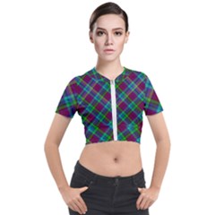 Purple, Green Tartan, Retro Buffalo Plaid Pattern, Classic Tiled Theme Short Sleeve Cropped Jacket by Casemiro