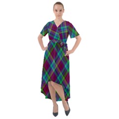 Purple, Green Tartan, Retro Buffalo Plaid Pattern, Classic Tiled Theme Front Wrap High Low Dress by Casemiro