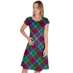 Purple, Green Tartan, Retro Buffalo Plaid Pattern, Classic Tiled Theme Classic Short Sleeve Dress by Casemiro