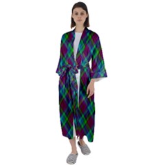 Purple, Green Tartan, Retro Buffalo Plaid Pattern, Classic Tiled Theme Maxi Satin Kimono by Casemiro