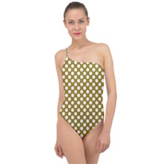 Gold Polka Dots Patterm, Retro Style Dotted Pattern, Classic White Circles Classic One Shoulder Swimsuit by Casemiro