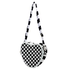 Black And White Chessboard Pattern, Classic, Tiled, Chess Like Theme Heart Shoulder Bag by Casemiro