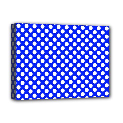 Dark Blue And White Polka Dots Pattern, Retro Pin-up Style Theme, Classic Dotted Theme Deluxe Canvas 16  X 12  (stretched)  by Casemiro