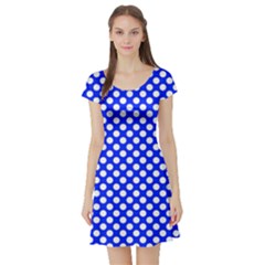 Dark Blue And White Polka Dots Pattern, Retro Pin-up Style Theme, Classic Dotted Theme Short Sleeve Skater Dress by Casemiro