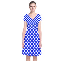 Dark Blue And White Polka Dots Pattern, Retro Pin-up Style Theme, Classic Dotted Theme Short Sleeve Front Wrap Dress by Casemiro