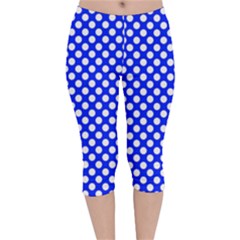 Dark Blue And White Polka Dots Pattern, Retro Pin-up Style Theme, Classic Dotted Theme Velvet Capri Leggings  by Casemiro