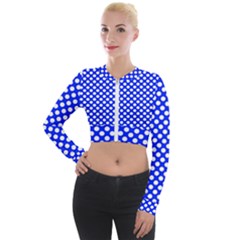 Dark Blue And White Polka Dots Pattern, Retro Pin-up Style Theme, Classic Dotted Theme Long Sleeve Cropped Velvet Jacket by Casemiro