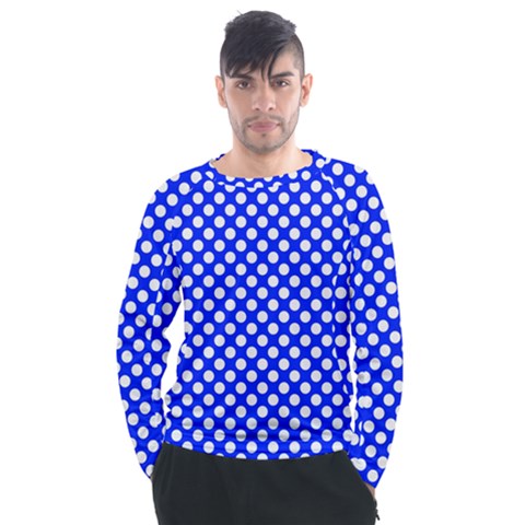 Dark Blue And White Polka Dots Pattern, Retro Pin-up Style Theme, Classic Dotted Theme Men s Long Sleeve Raglan Tee by Casemiro